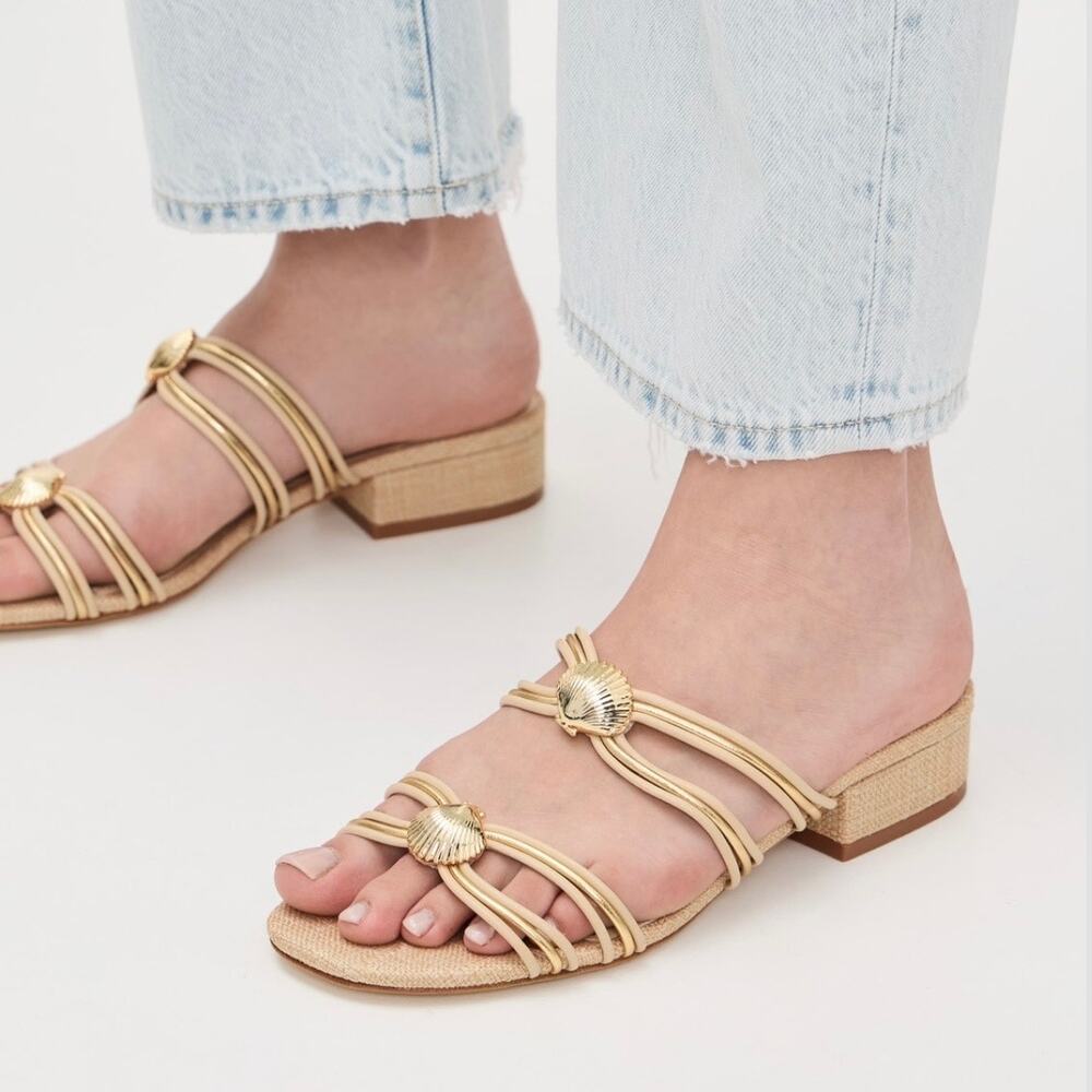 Larroudé Shelly Mule Sandal Strappy Leather Beige Gold Seashell Accent Size 7